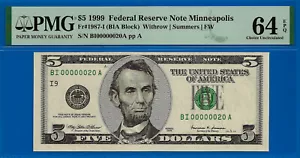 1999 $5 Federal Reserve Note PMG 64EPQ Low serial fancy serial Fr 1987-I - Picture 1 of 2