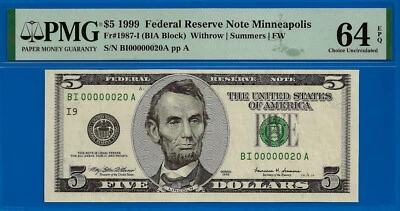 1999 $5 Federal Reserve Note PMG 64EPQ Low serial fancy serial Fr 1987-I - Image 1 of 2