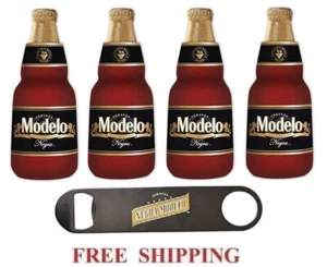 MODELO NEGRA 4 ZIP UP BOTTLE KOOZIE COOLER & 1 STAINLESS STEEL OPENER CORONA NEW - Picture 1 of 2