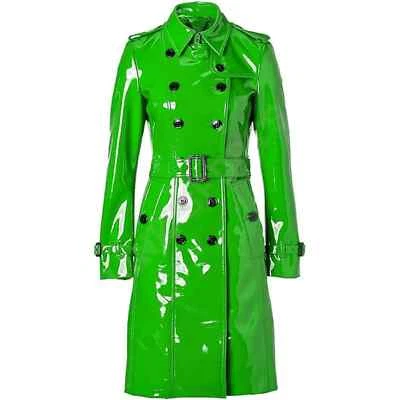 Women Trench Vinyl Shiny Gothic Coat PVC Emo Top quality Green Faux Leather Coat - Image 1 of 4