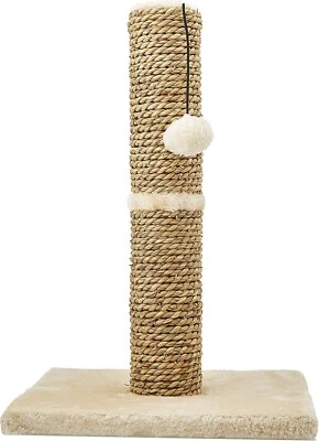 Turin Cat Scratch Post. Seagrass Scratcher, Hanging Catnip Ball, Tan 30x30x42cm - Image 1 of 4