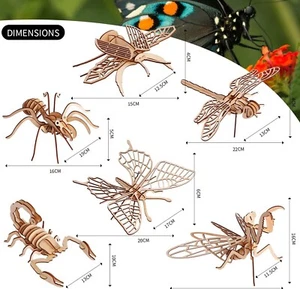 6pcs 3D Wooden Insect Puzzles DIY Assembly Model Toy Set 6 Dragonfly Scorpion - Picture 1 of 6
