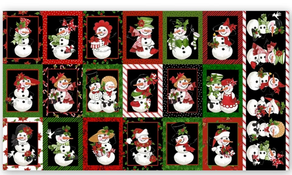 Christmas Fabric Loralie Snow Lady Snowman Scenes Black Cotton 24"X44" Panel - Image 1 of 1