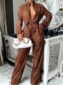 Women’s Jumpsuit Plus Size Camel Long Sleeves V-Neck Button Up Print Pockets 2X - Picture 1 of 4