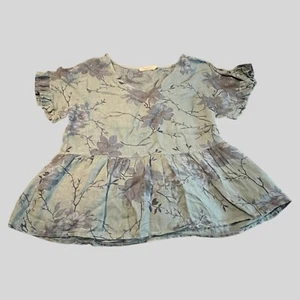 Valentina Naldi Size L Linen V-Neck Short Sleeve Blouse Top Floral Print Flare - Picture 1 of 8