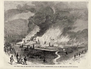 Campo petrolero de Pennsylvania Bennehoff Run incendio Derrick Condado de Venango estampado 1866 - Imagen 1 de 1