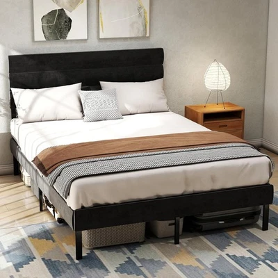 Cabecero tapizado de terciopelo con marco de cama de metal tamaño queen Foto 1 de 4