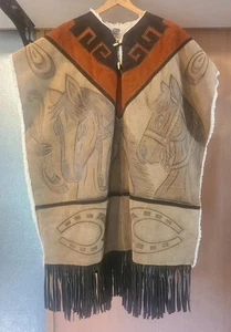 Mexican Leather Wool Handmade Poncho Gaban Piel Lana Genuine Authentic OOAK - Picture 1 of 11