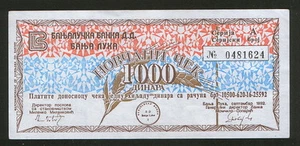 BOSNIA-SERBIA-ZONA DE GUERRA-PRIMER DINERO-CHEQUE EN EFECTIVO-1000-1992 - Imagen 1 de 2