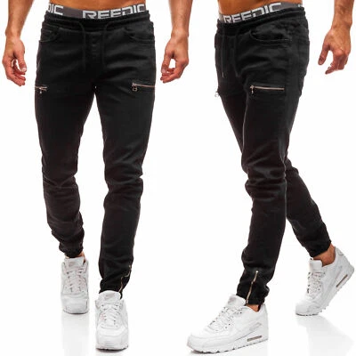 Men's Casual Denim Jogger Pants Sweatpant Elastic Waist Trousers Skinny Fit Jean - Image 1 of 4