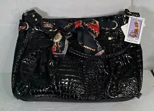 VECCELI ITALY BLACK PATENT CROCODILE BAG BOHO CHIC GOLD ACCENTS AND FABRIC - Picture 1 of 9
