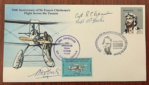 Sir Francis Chichester 50th Anniv. Flown Flight Cover 1981 w/ 3 Signatures RARE Cover
