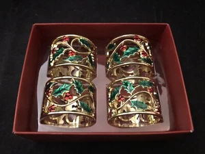 Set of 4 Lenox Holly & Berry Round Gold Metal NAPKIN RINGS Original Box Mint! - Picture 1 of 7