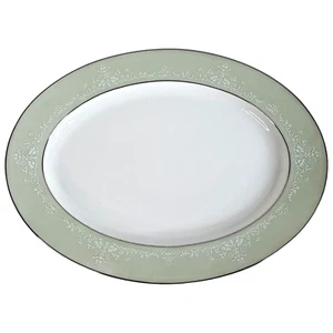 Noritake Maureen Serving Platter 6728 Green Rim White Scroll Silver Trim Japan - Picture 1 of 6