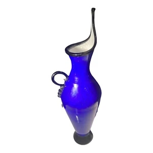BLOWN ART GLASS GOOSENECK BLUE PITCHER BY BRENNA BAKER 2009 - Picture 1 of 13