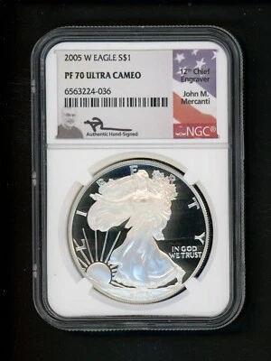 2005 W US Silver Eagle Dollar $1 NGC PF 70 Ultra Cameo Proof GEM MERCANTI FLAG - Image 1 of 4