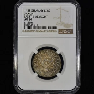 1482 GERMANY 1/2 GROSCHEN ✪ NGC AU-50 ✪ SAXONY ERNST & ALBRECHT G ◢TRUSTED◣ - Picture 1 of 4