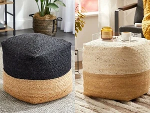 pouf ottoman pouf covers Only Luxury Square Cotton Jute Foot Stool Hand Braided - Picture 1 of 9