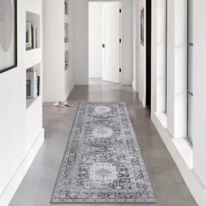 Light Grey Hall Runners Allover Distressed Washable Corridor Runner Rug 80x300cm - Picture 1 of 6