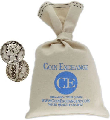 Bolsa de 1000 moedas de dez centavos de mercúrio valor nominal de US$ 100 prata datas completas - Imagem 1 de 4