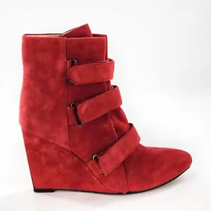 MISS SIXTY Red Suede Hook & Loop Wedge Heel Ankle Booties Size 39 7.5 8 - Picture 1 of 9