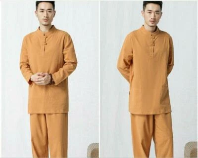 Mens Chinese Kung Fu Set Linen Tops+Pant Yoga Long Sleeve Loose Martial Suits - Image 1 of 4