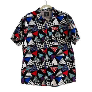 Mens Retro Alpha Beta Black White Geometric Short Sleeve Casual Shirt Size Large - Picture 1 of 16