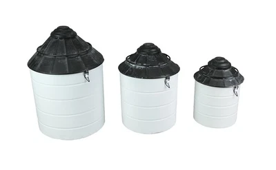 Set of 3 Black and White Vintage Farmhouse Tin Silo Canisters - Image 1 of 3