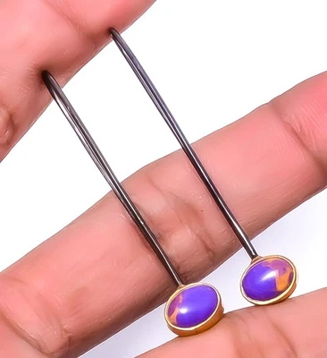 Copper Purple Turquoise 925 Silver Two Tone Earring 1.95" A388 - Image 1 of 4