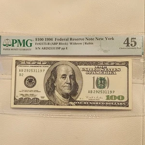 1996 $100 FEDERAL RESERVE NOTES NEW YORK FR.2175-B ABP BLOCK PMG 45 Ch Ex Fine - Picture 1 of 6