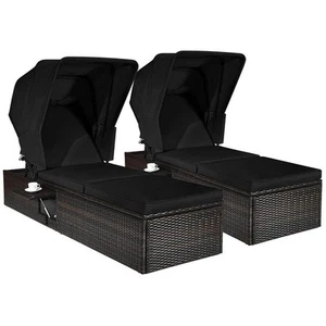 Costway 2-Piece Wicker Outdoor Chaise Lounge with Top Canopy Tea Table Cushion - Picture 1 of 8