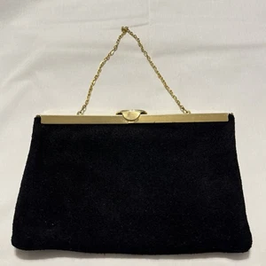 Vintage Etra Suede Leather Clutch Purse Black Evening Bag Gold Chain - Picture 1 of 6