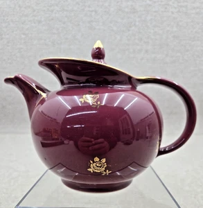 Vintage HALL WINDSHIELD STYLE  Maroon w/Gold Roses & Trim Teapot #0693 - Picture 1 of 14