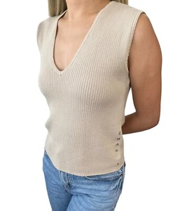 CHANEL Vintage 99A CC Logo Rib Tank Top #38 Dark Beige Silver Wool Rank AB - Picture 1 of 10