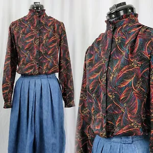 Camicetta nera vintage Pykets con motivo foglia multicolore e colletto arricciato taglia M? - Foto 1 di 18