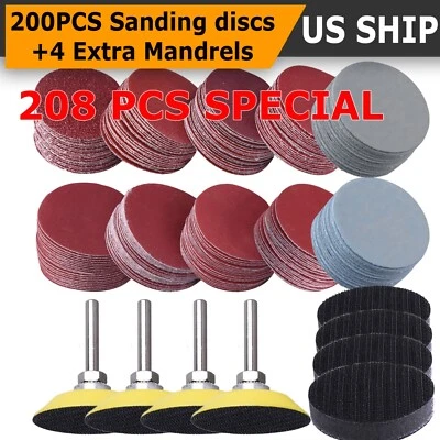 FRENTALY 200x Sanding Discs 2" Sanding Disc Sand paper Hook Loop Sander M6 Drill Adapter
