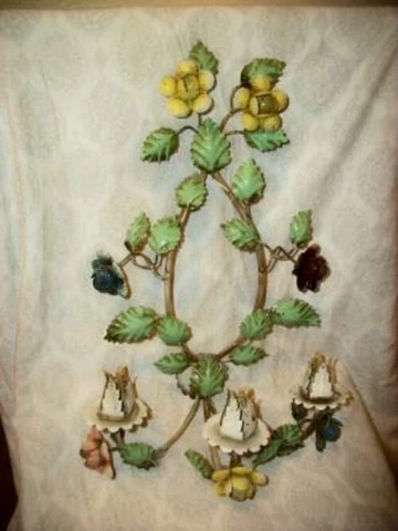 ITALIAN TOLE CANDLE SCONCE FLOWERS LARGE TRIPLE ORIGINAL CHIPPY FINISH 1930s Cover