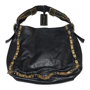 Betsey Johnson Black Leather Chained Studded Hobo Purse Shoulder Bag Vtg READ - Picture 1 of 14