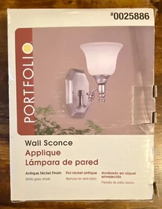 PORTFOLIO WALL SCONCE 0025886 ANTIQUE NICKEL FINISH-WHITE GLASS UPC 20164 - Picture 1 of 11