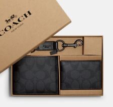 New Coach Men's Compact ID Black Wallet With Key Fob F64118 in Gift Box