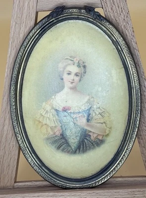 Painted Miniature Celluloid Romantic Portrait Victorian Lady Brass Frame - image 1 of 4