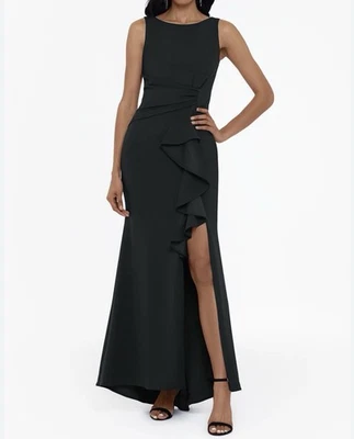 Betsy & Adam Scuba Crepe Ruffle Bow Gown, Black, Sleeveless, Boatneck, Slit, 2P - Image 1 of 4