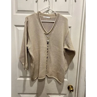 Lulu-B Women XL Beige Knit Cotton V Neck Button Front Sweater Beach Lagenlook - Image 1 of 4