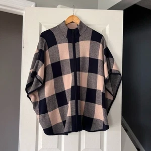 Jones New York Signature Plaid Poncho Wrap Cape Coat L/XL Black Beige Open Front - Picture 1 of 3