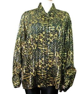 PLUS SIZE~Yves St. Clair 2~SATINY CHIFFON Blouse 24W Animal Print Gold Threaded - Picture 1 of 11