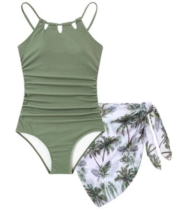 Girls Swimsiut Size 11-12 Green Teen One-Piece Bathing Suit with Tropical Pri... - Picture 1 of 7