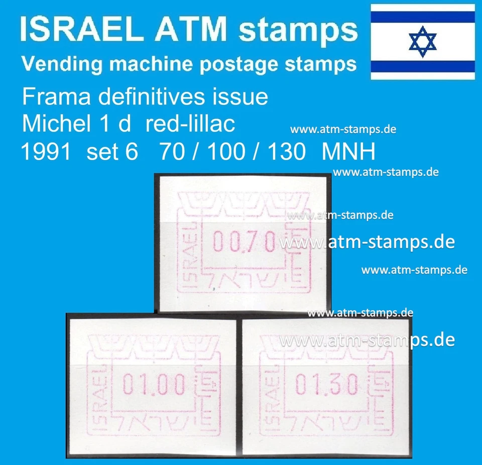 Sellos de cajero automático de Israel 1991 / Michel 1 / juego 6 / 70/100/130 MNH Frama Klussendorf CVP Foto 1 de 1