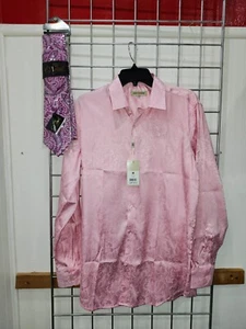 Pink Paisley Print Satin Mens Dress Shirt Button Up Size Medium - Picture 1 of 1