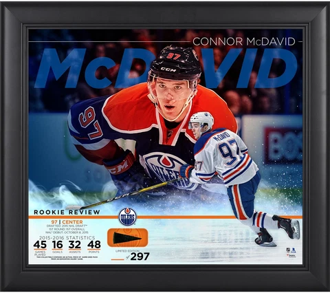 Connor McDavid Oilers Framed 15x17 Rookie Collage & Piece of GU Puck Cover