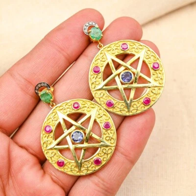 Smaragd, Rubin & Saphir Edelstein Ohrring Mit Pave Diamanten 925 Sterlingsilber - Bild 1 von 4